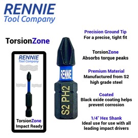 20 x Rennie Tools 25mm Long PH2 Impact Screwdriver Driver Bits Set. Phillips No.2 Heavy Duty Impact Driver Bit Set. PH2 Bits. Hex Shank Cross Head