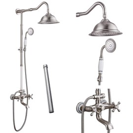 Shower System Set Complete Brushed Nickel 8 Rain Shower Faucet 2 Double Knobs Handle Triple Function Tub Spout Shower Fixture Unit 12 Inch Extention