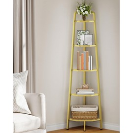 CHOEZON 5-Tier Corner Shelf, 59.6” Corner Storage Stand, Floorstanding Dispaly Rack, Tempered Glass Corner Bookshelf, Open Plant Stand, for Living Room, Bedroom, Study, Bathroom, Gold TCJ21GJ