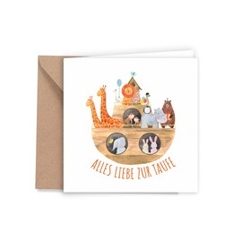 Friendly Fox Christening Card "Noah's Ark", 1 x Square Christening Card with Envelope, for Christening Noah's Ark, Folding Card