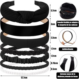 7 Pcs Diadema Negro para Mujer,Bandas de Moda para la Cabeza para Mujer,Elegante Diadema Antideslizante,Accesorio para el Cabello Lindo y Divertido,Set de Diademas Kawaii Multiestilo,Negro