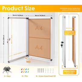 SWANCROWN Enclosed Bulletin Board,Lockable Cork Noticeboard for School Office,Wall Display Case with Lock 20"x14"(2xA4)