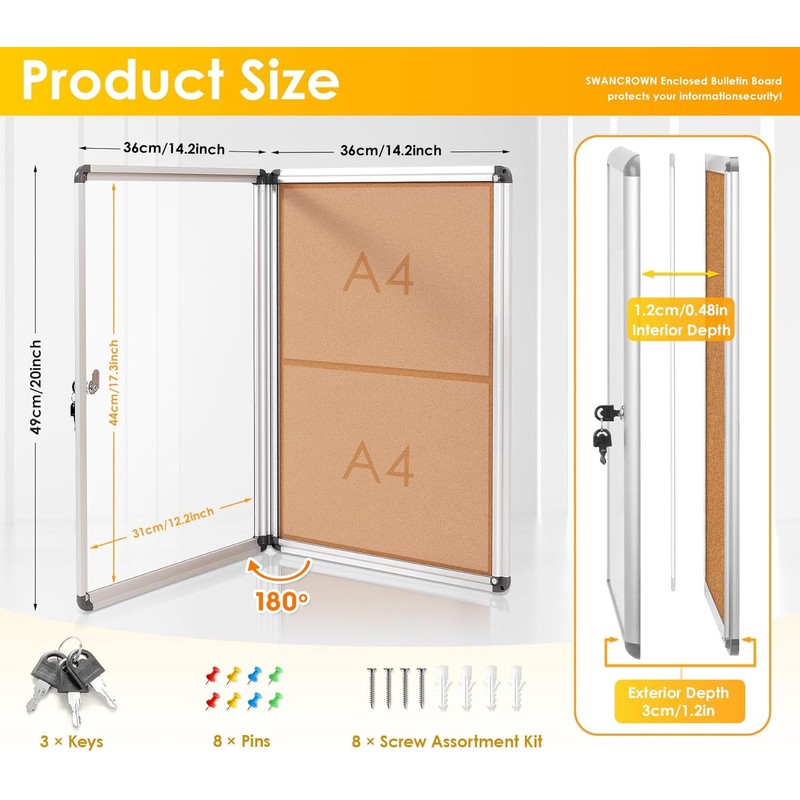 SWANCROWN Enclosed Bulletin Board,Lockable Cork Noticeboard for School Office,Wall Display