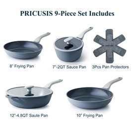 PRICUSIS Nonstick Pots and Pans Set, 9 Pieces Non Toxic Cookware, Nonstick Pan Skillet, Healthy Frying Pan, PFOA Free, Induction Compatible, Purple