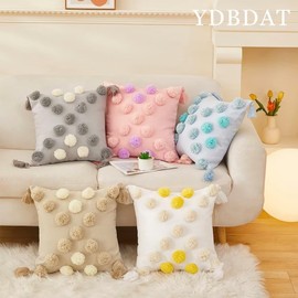 YDBDAT Blue Decorative Throw Pillow Covers 18x18 Set of 2 Soft Pom Poms Tufted Pillow Covers Modern Boho Farmhouse Accent Pillow Cases for Sofa Couch Cushion Covers