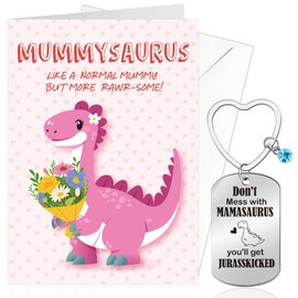 DPKOW Funny Mothers Day Card Mummy, Cute Happy Mother's Day Card for Mum Mummy, Mummysaurus Keyring Mothers Day Card from Son or Daughter, Mother s Day Gifts for Mummy