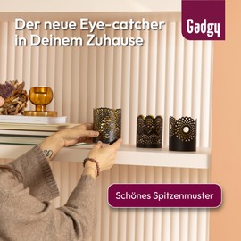 Gadgy Tea Light Holder Black Gold - Lantern Dining Table Decoration Set of 3 - Tea Light Holder Metal with Lace Pattern - Lantern Metal Decoration Black - Table Decoration Lantern Black - 8.5 x 10.5