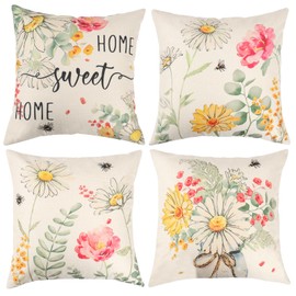 UXORSN Outdoor Throw Cushion Covers 45 x 45cm Set of 4 Square Pillow Covers Peony Daisy Flowers Bee Decorative Pillowcases Linen Floral Printed Cushion Case for Garden Bench Sofa Bed Farmhouse Decor