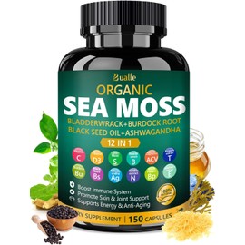 Bualle Organic Sea Moss Capsules – Includes Ginger, Ashwagandha, Black Seed Oil – 150 Ct