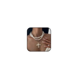 Gold Chunky Cross Necklace for Women Statement Necklace Pearl Cross Pendant Necklace Layered Hammered Bold Cross Necklace Vintage Toggle Clasp Necklace Jewelry