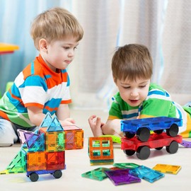 Magnetic Tiles Cars Construction Set, 4 PCS Magnet Cars Magnetic Building Blocks Toy for Kids Ages 4-8 3-5 Magnet Bricks Truck Kit Educational Sensory Toys Gifts for 3+ Year Old Boys & Girls Christmas