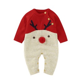 DovFanny Baby Romper Baby Boys Girls Cute Christmas Jumpsuit Winter Knit Reindeer Long Sleeve Warm Outfit for Newborn Baby Red 12-18 Months