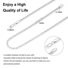 Silver Necklace for Women Men 3mm Rope Chain 925 Sterling Silver Clasp Rope Chain Silver Chain for Men 16/18/20/22/24/26/28/30 Inches(30)
