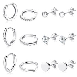 Dochais 6 Pairs Silver Earrings for Women, 14K Gold Plated Hypoallergenic Small Stud Earrings with Zirconia, Gold Huggie Hoop Sleeper Earrings Set for Multiple Piercings