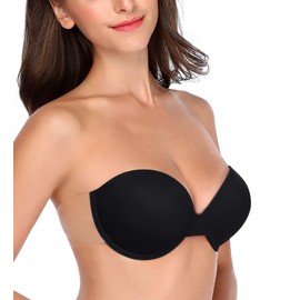 HANSCA Women’s Backless Strapless Push Up Bra Thick Padded Sticky Underwired Bras Self Adhesive(Black,C)