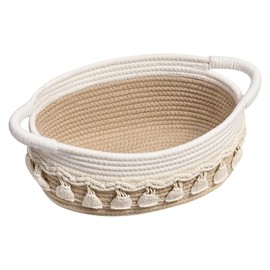 Braided Baskets - 9.5 Inch Oval Tassels Cotton Rope Woven Storage Basket, Boho Decoration for Remote Controls, Keys, Makeup and Toys for Office, Bedroom and Bathroom (White)