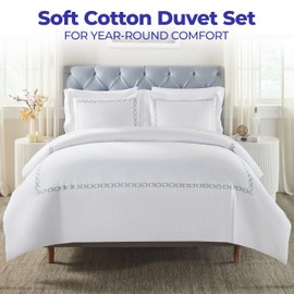 SUPERIOR Embroidered Cotton Duvet Cover Set, Soft Bedding Covers, 1 Duvet Cover with Button Closure, 2 Pillow Shams, Unique Design, Chain Links Collection, King/California King, White-Silver