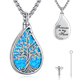 LOOVE Sterling Silver Tree of Life Urn Necklace for Women Tree of Life Ashes Necklace Human Ashes Cremation Pendant for Ashes of Loved Ones Blue Opal Keepsake Jewelry