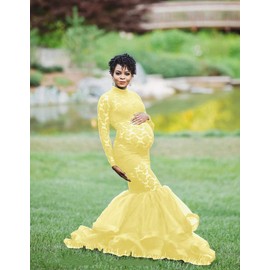 ZIUMUDY Elegant Lace See-Through Maternity Gown for Photo Shoot Long Sleeve Tulle Tutus Maxi Photo Props Dress (Yellow, Large)