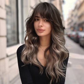 Smilco 22 Inches Black Brown Gradient Corrugated Synthetic Fiber Wig ali Express Hair Wigs Synthetique De Luxe Wig for Ladies SM303color: SM303, Stretched Length: 22"