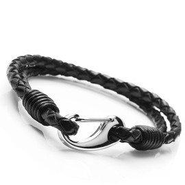 Flongo Stainless Steel Leather Bracelet Bangle Cuff Silver Black Braided Simple Fashion Men Women, Alloy Steel