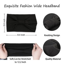 XTREND 4 Packs Wide Headbands Fashion Bandana Bohemian Style Elastic Knotted Non-Slip Headband Black Women Outdoor Sports Yoga Sweat Absorbent Solid Color Hair Accessories (Black Series)