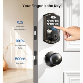 Veise Fingerprint Door Lock, Keyless Entry, Auto Lock, Electronic Keypad Deadbolt for Front Door, Biometric, Anti-Peeking Password, Easy Install, Oil Rubbed Bronze