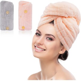 2 Pack Hair Turbans - Coral Fleece Super Absorbent Microfibre Hair Towel for Women | Grey & Pink Checkered | Quick Dry Bath Cap with Button Closure (65x24cm)
