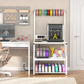 Homieasy Printer Stand with Charging Station, 29.1" x 22.8" Large 3D Printer Table with Filament Storage, Heavy Duty Rolling Printer Cart with 4-Tier Storage for Workshop/Office/Garage, White