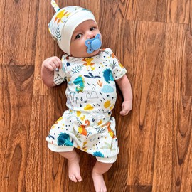 HINTINA Preemie Newborn Infant Baby Boys Outfits Dinosaur Bodysuit Romper Short Pants Hats 3Pcs Summer Clothes Set, White, 0-3 Months