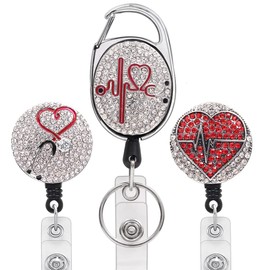 3PCS Bling Rhinestone Nurse Badge Reel Retractable Nurse ID Badge Holder with Alligator Clip,Diamond Heart Badge Reel for Nurse Students,Doctor