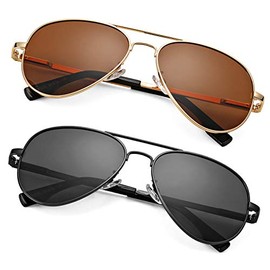 Braylenz Polarized Aviator Sunglasses for Men Women, 100% UV Protection Classic Shades with Spring Hinge (Black/Black Lens+Gold/Brown Lens)