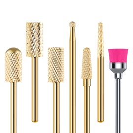 MelodySusie Nail Drill Bits Set, 7pcs Tungsten Carbide Nail Bits for Nail Drill E-file, 3/32 inch Bits Manicure Pedicure Remover Tools for Acrylic Gel Nails, Salon Home Nail Care Supplies, Gold