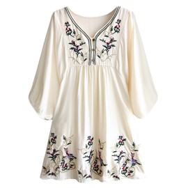 Futurino Women's Bohemian Embroidery Floral Tunic Shift Blouse Flowy Mini Dress,Flower Beige,Medium