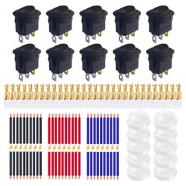 Ampper DC 12V 20A Illuminated Round Rocker Switches, 3 Pin 20MM On/Off Round SPST Toggle Switch with Wires, Terminals and Cover (Blue, Pack of 10)