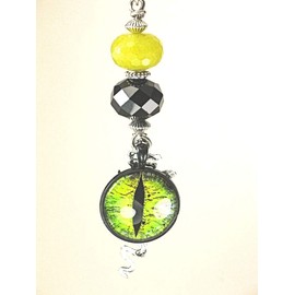 Two-Sided Ceiling Fan Pull with Green Dragon Eye, Silver Dragon Charm and Jade Stone