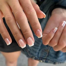 MERVF Short Press on Nails Square Fake Nails Press ons White French Tip Glue on Nails with Chrome Design Squoval Electroplated Acrylic False Nails Glossy 24pcs