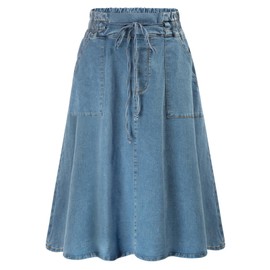 KANCY KOLE Women Casual Jean Skirts Mid Length Drawstring A-Line Flared Denim Long Skirts XL