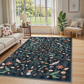 Lanffia Black Insect Floral 5x7 Bedroom Rugs, Boho Bug Washable Rug for Living Room Non Slip Shedding, Stain Resistant Dining Room Carpet for Office Playroom Home Decor