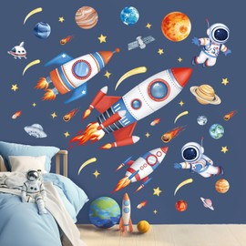 wondever Outer Space Rockets Wall Stickers Planets Star Spacecraft Astronaut Peel and Stick Wall Art Decals for Baby Nursery Boys Bedroom Playroom