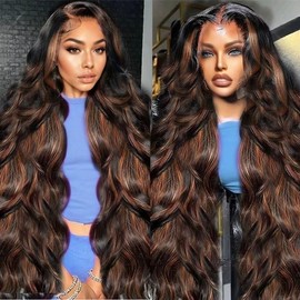 Agairl Ombre Lace Front Wig Human Hair 32 Inch 13x6 Highlight Wig Human Hair 210% Density Body Wave Lace Front Wigs Human Hair 1B/30 HD Lace Frontal Wig Glueless Wigs For Women