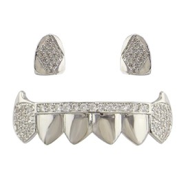 Psivika Gold Plated Shiny Hip Hop Teeth Grillz Caps Vampire Fangs Grillz with Diamonds for Your Teeth for Men and Women, 2 PCS Single Top 6 Bottom (Silvery)