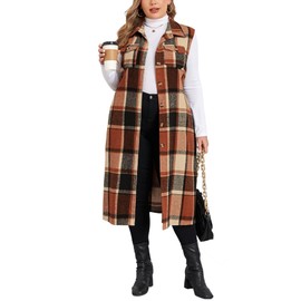 ZOMVA Plus Size Flannel Plaid Long Midi Vest with Pockets Button Down Sleeveless Shacket Coats Fall Outfits Jackets, Orange, 5X