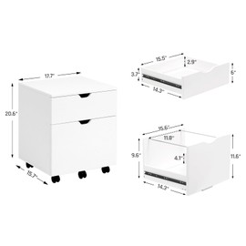 HollyHOME 2-Drawer Wood File Cabinet, Under Desk Cabinet for Home Office, Rolling Storage Shelf for Home, Printer Stand, for A4, Letter-Size, 11.8in Hanging File Folders, White