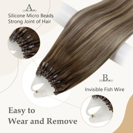 Easyouth Balayage Micro Ring Hair Extensions Ombre Human Hair Micro Beads Hair Extensions Real Human Hair Dark Brown to Light Brown and Medium Blonde Micro Link Human Hair Extensions 16 Inch 50g/50s