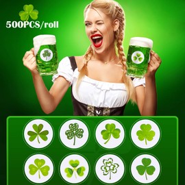500 Pieces St. Patrick's Day Stickers Shamrock Roll Label Stickers Irish Green Clover Stickers 8 Styles for St. Patrick's Day Party Decorations and Crafts Supplies, 1.5 Inches