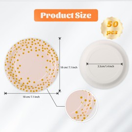 CYZBL 50 Pcs Disposable Plates, 7 Inch Gold Foil Polka Dots Paper Plates, Graduation Party Paper Plates, Party Tableware for Wedding, Children's Birthday, Camping, Picnics (Pink and Gold)