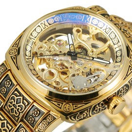 WENFVVIN - Reloj automático para hombre, diseño de esqueleto clásico de alta gama, automático, analógico, cuadrado, con pulsera de acero inoxidable, Oro