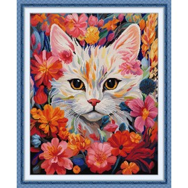 Stitchmelody Stamped Cross Stitch Kits,11CT Printed Pattern Embroidery Set,DIY Needlework Kit-Cat in The Flowers 65cm×80cm