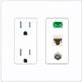 RiteAV 1 Port Fiber Optic Jack SC Simplex APC + Cat6 + Coax Wall Plate - Tamper-Resistant Outlet [Screwless White]